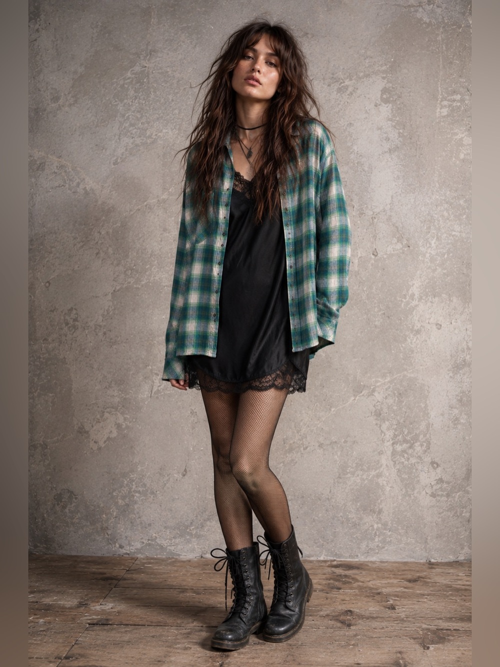 BDG Green Plaid Oversized Button Down Shirt Large Grunge